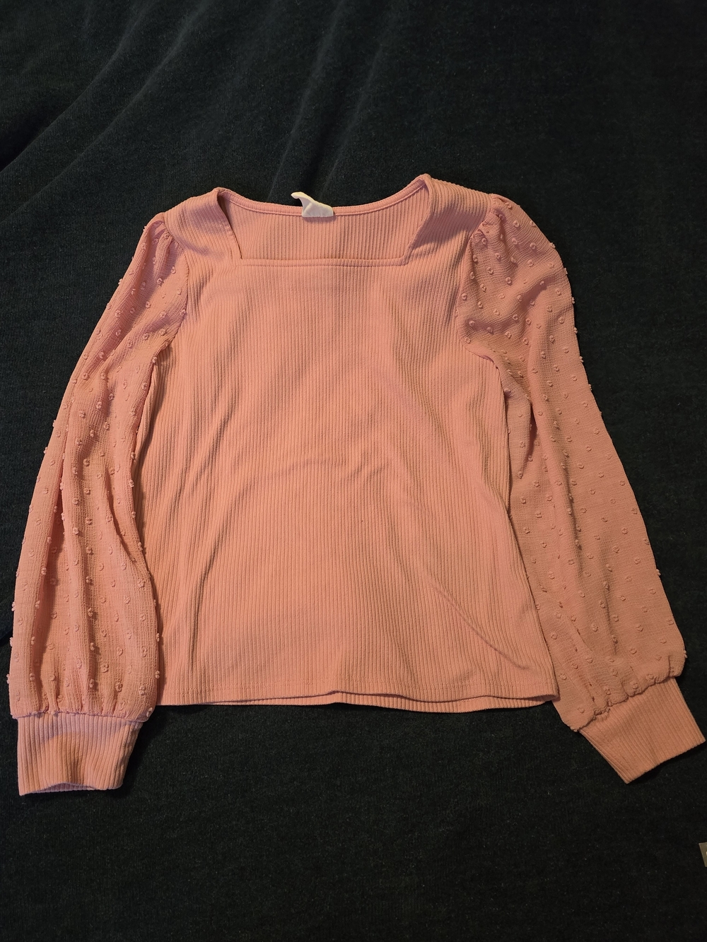 Self Esteem Pink Ribbed Swiss Dot Puff Sleeve Square Neck Top Large